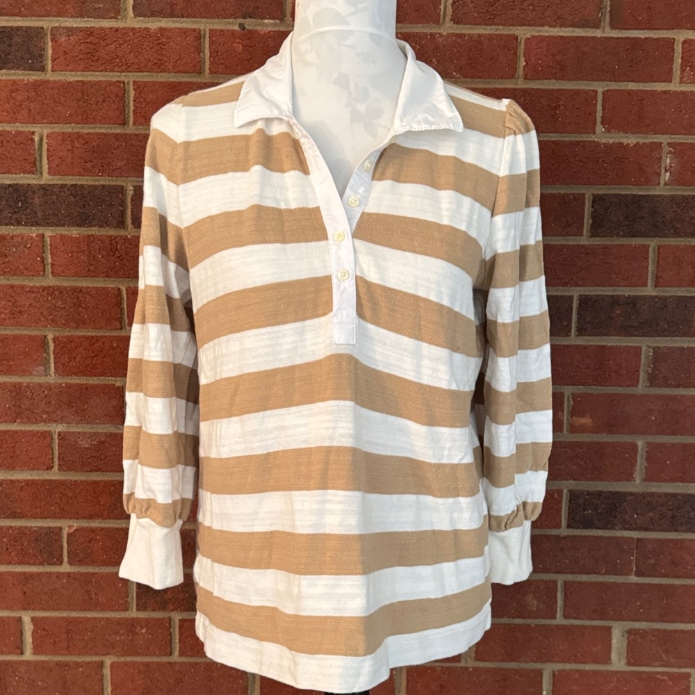 LOFT Tan and White Rugby Striped Polo Style Shirt